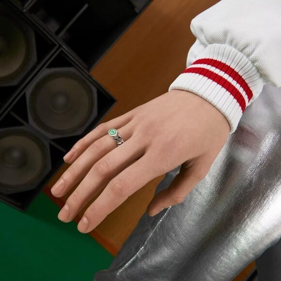 NEW GUCCI INTERLOCKING RING SILVER GG LOGO GREEN Chain Sz 20 IT 9 US Enamel - Picture 4 of 6